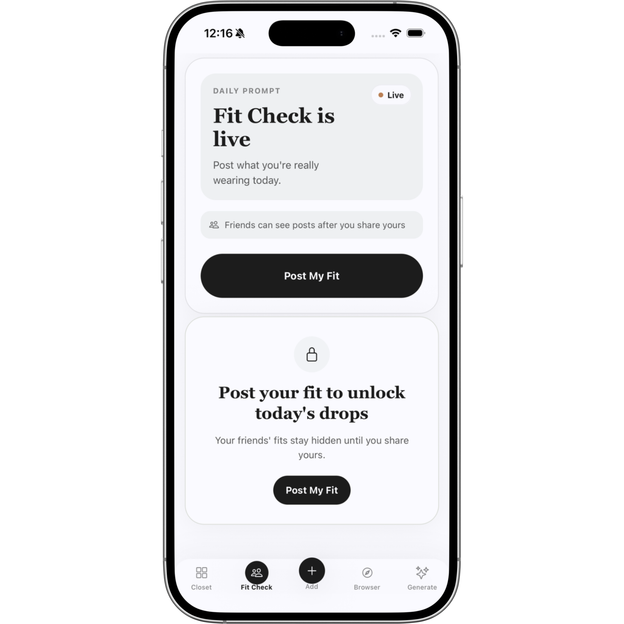 Klozu Fit Check live prompt asking the user to post their fit.